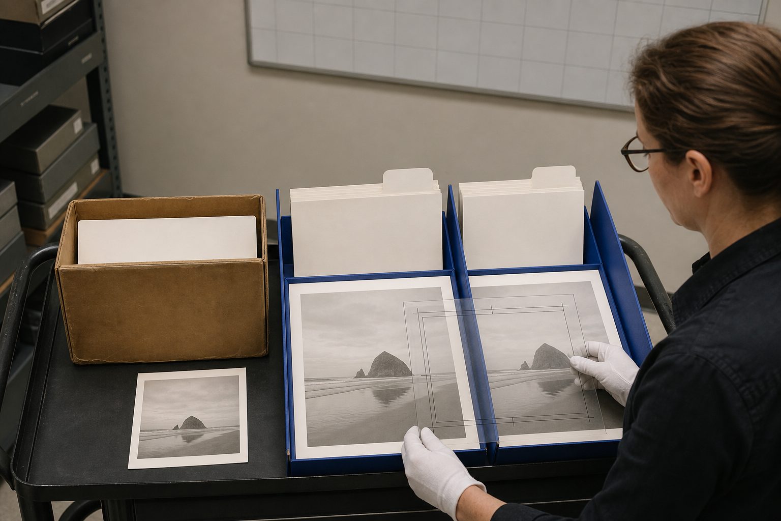 Archivist aligns a transparent crop guide over two coastal landscape prints beside a smaller source print and file boxes