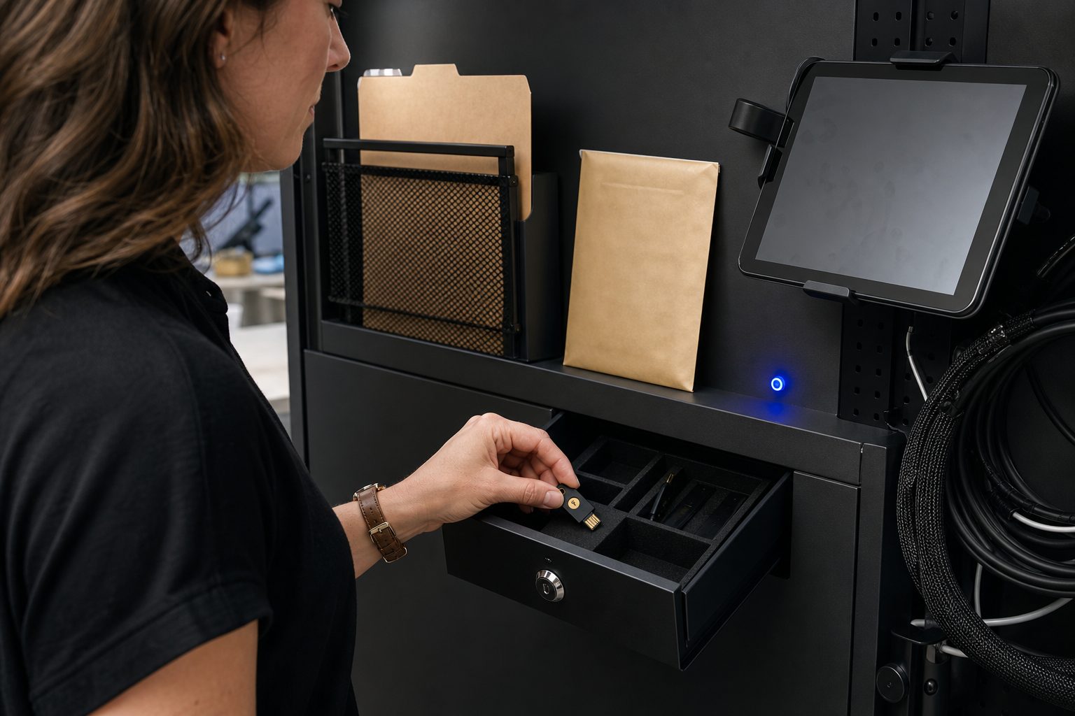Woman holding a USB security key above a foam-lined locking drawer at a studio equipment workstation
