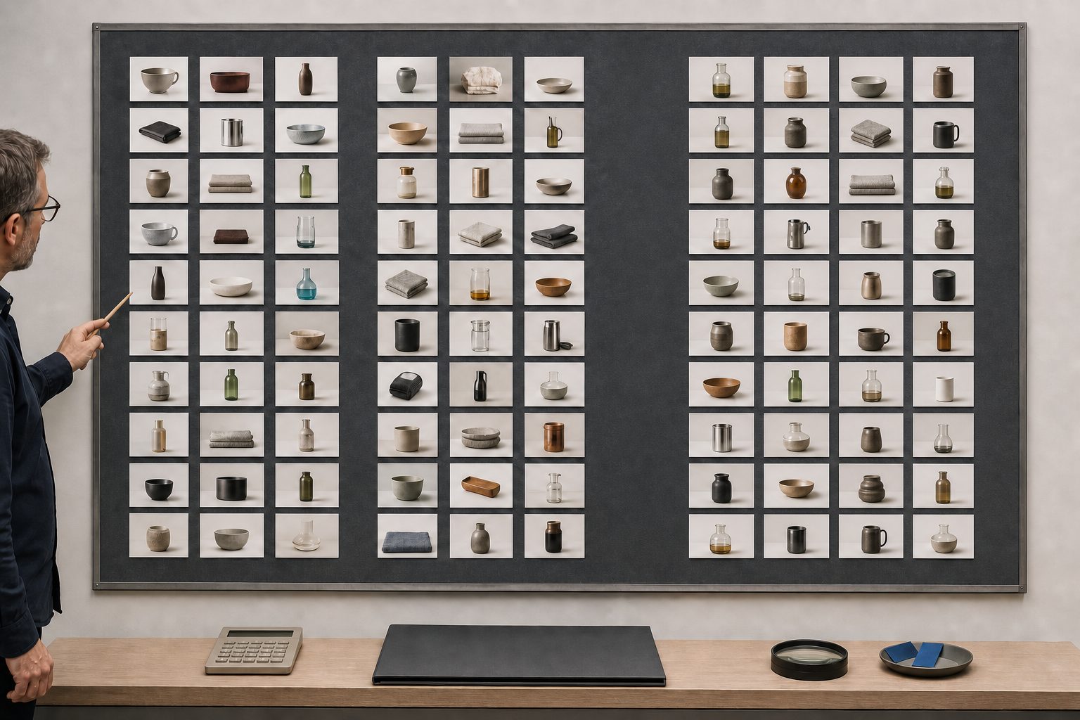 Reviewer studies a wall grid of product photographs above a calculator, laptop, loupe, and sample cards