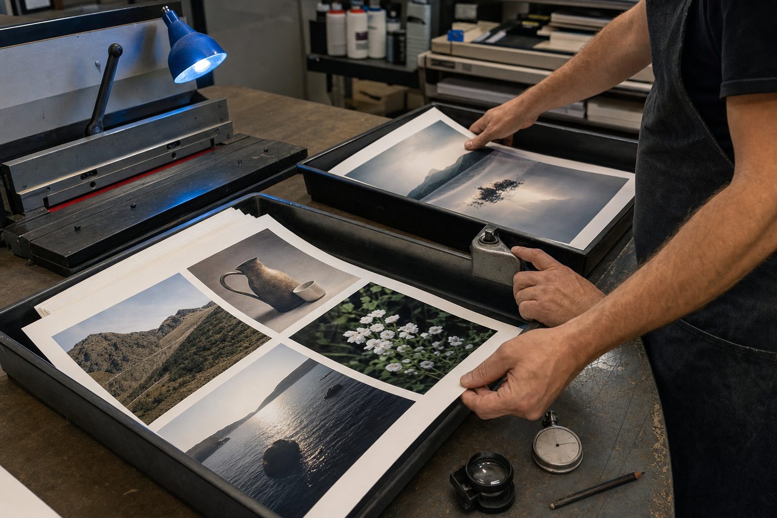 Person sorting large landscape, still-life, and flower prints between two trays