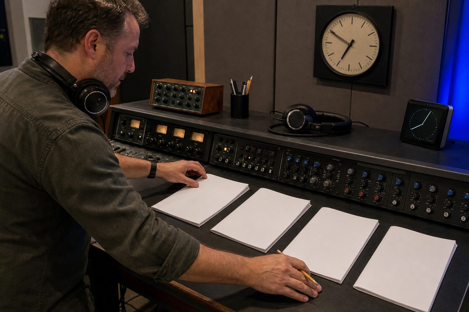 Man sorting stacks of blank pages at an audio console beneath wall and desk clocks, with headphones nearby