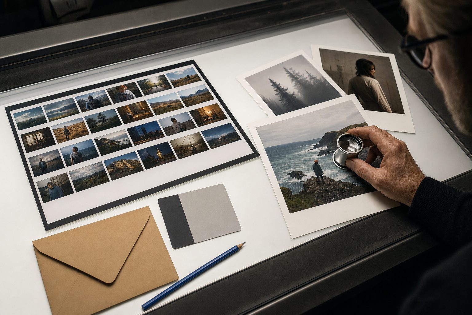 Person inspects a coastal photograph with a loupe beside a contact sheet, portrait prints, grayscale card, and pencil