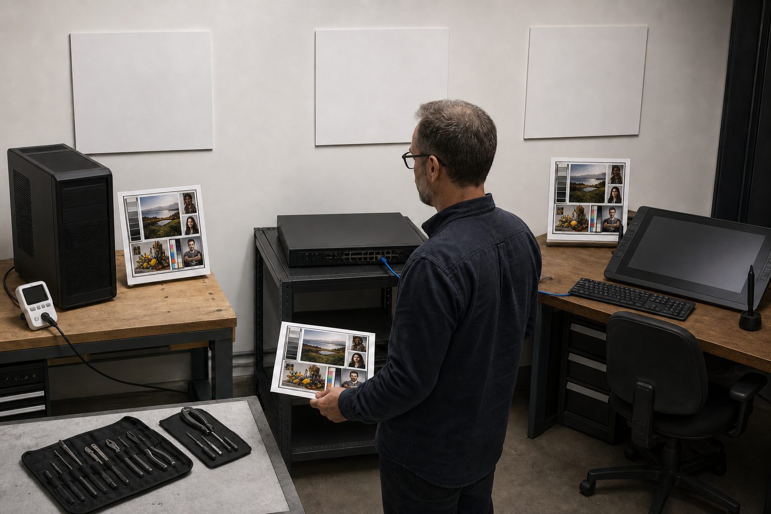 Technician compares printed contact sheets in a workstation with a desktop tower, network hardware, pen display, and hand tools
