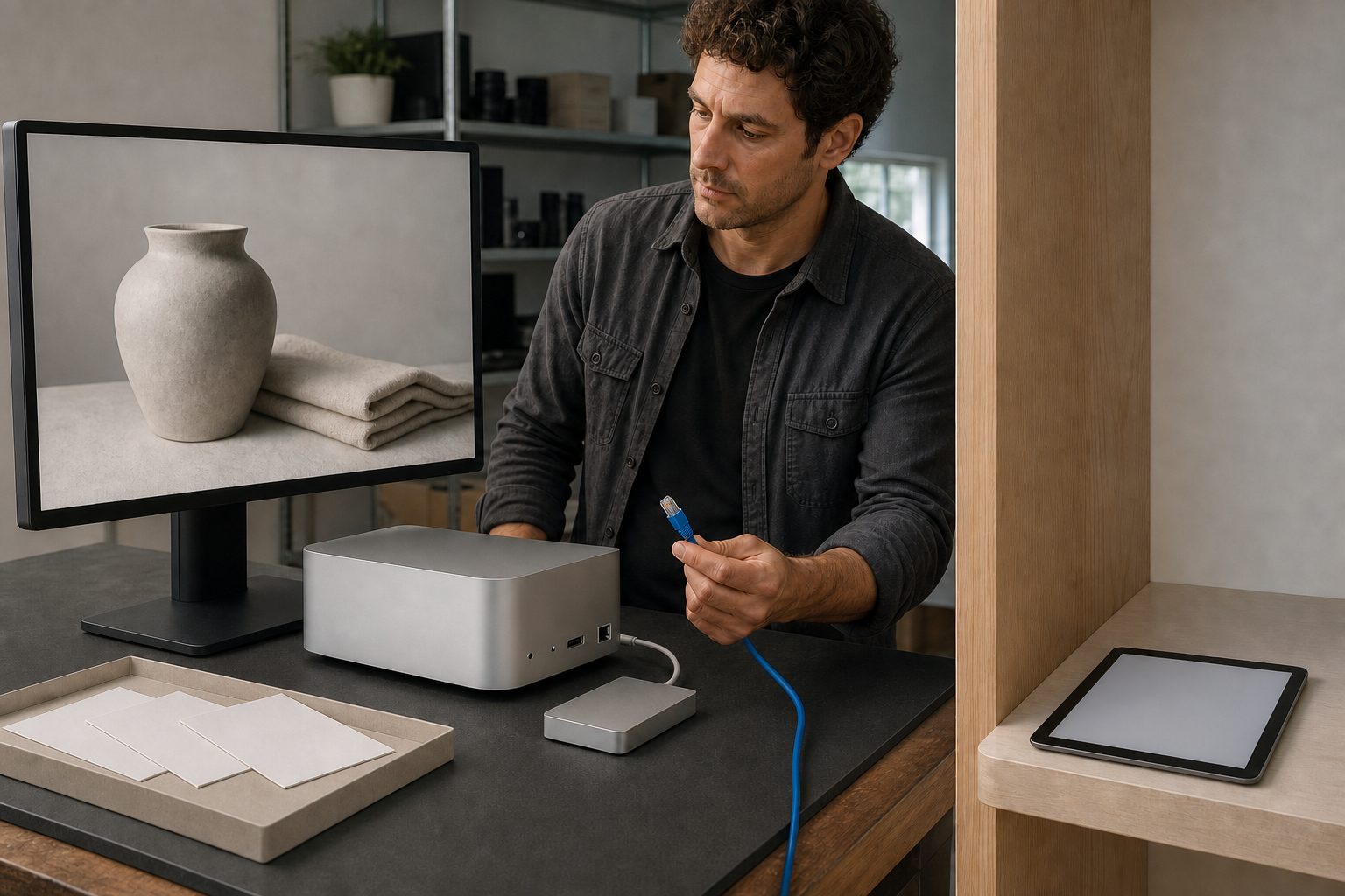 Creator holds a network cable beside a monitor with a product photo, a desktop computer, external drive, and tablet