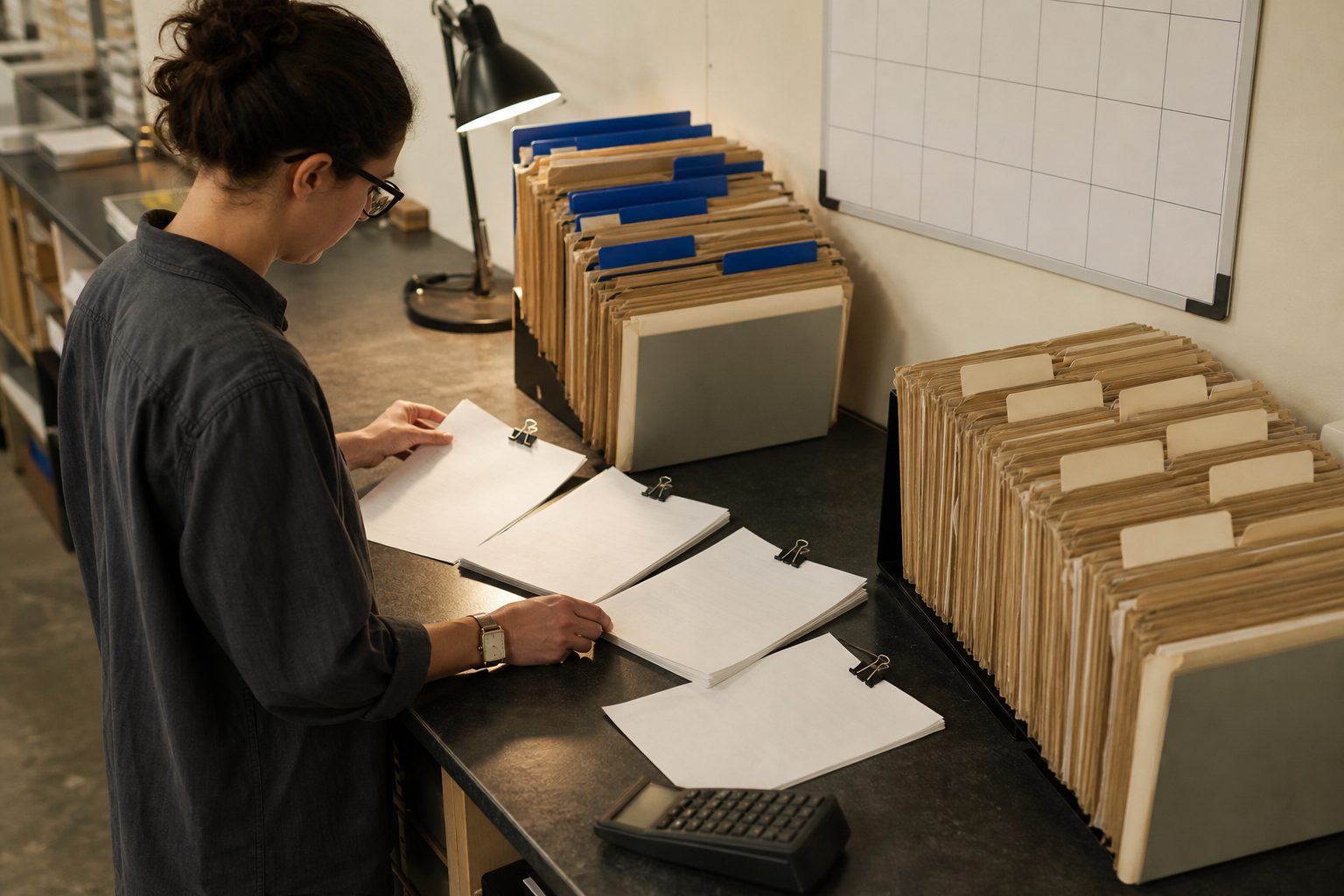 Woman sorting clipped stacks of blank paper beside rows of tabbed file folders and a calculator