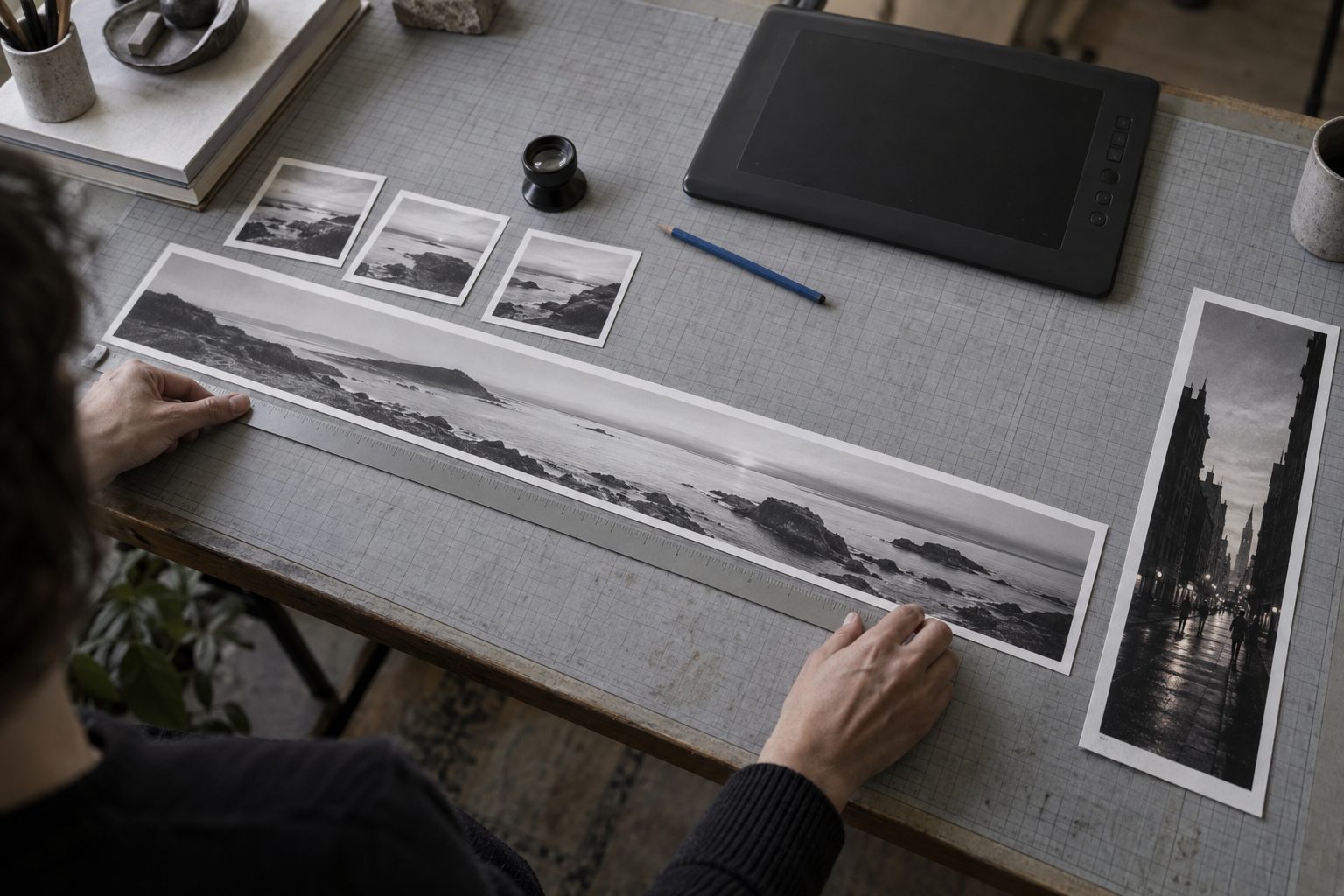Hands align a metal ruler along a very long panoramic coastal print laid next to a tall narrow street print on a cutting mat