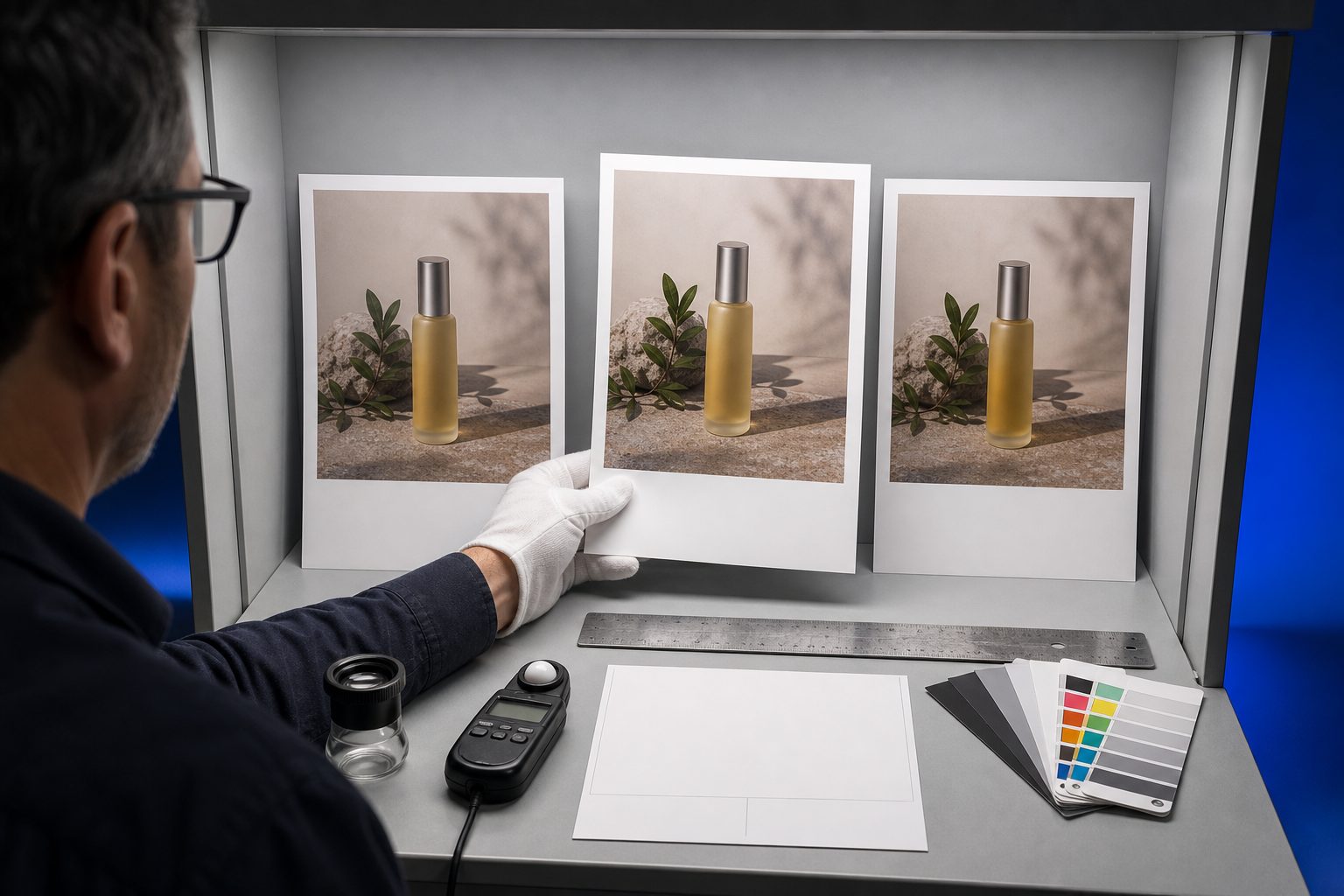 Person comparing three prints of an amber bottle in a light booth beside a loupe, meter, ruler, and color swatches