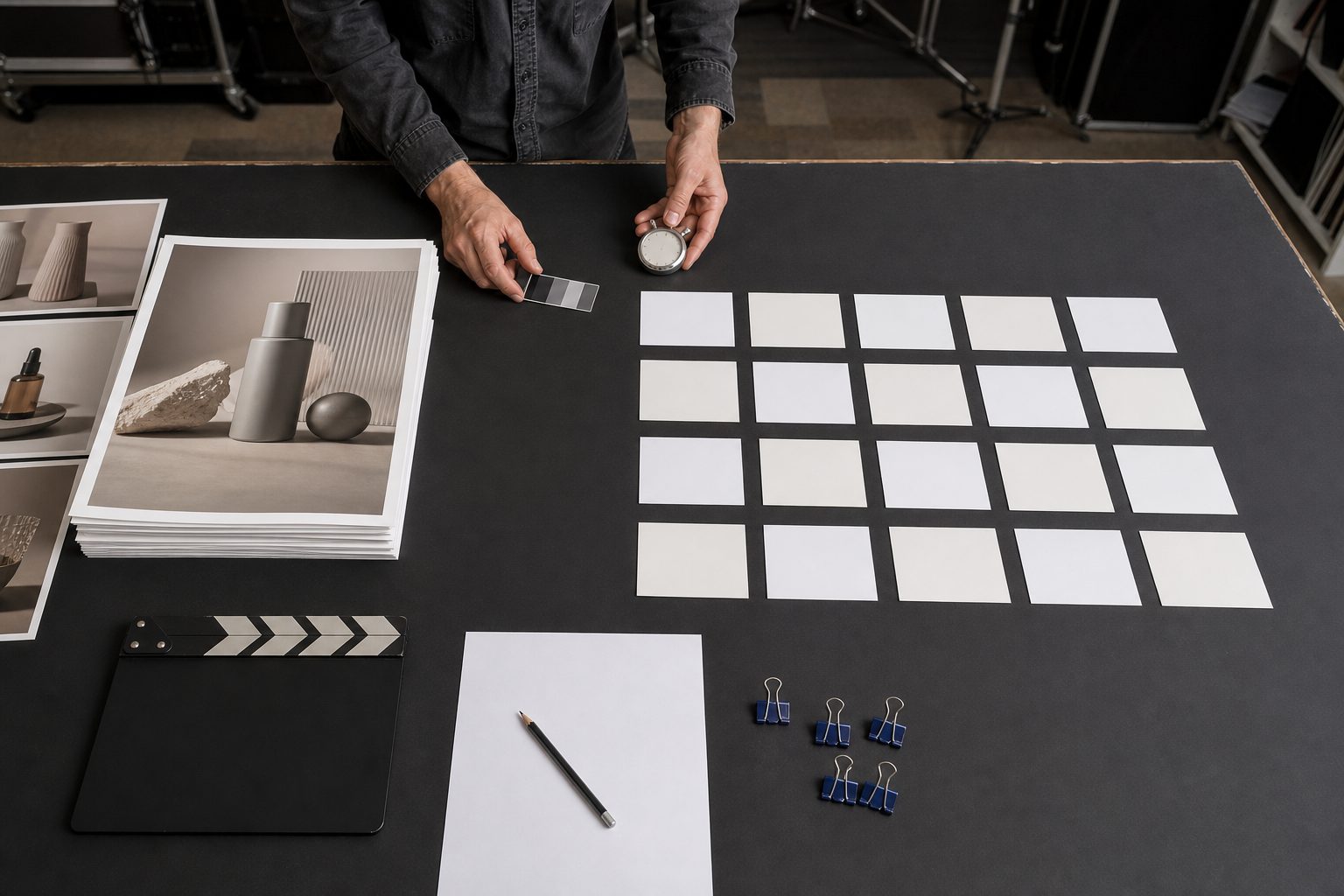 Person holds a stopwatch and grayscale strip above rows of blank cards beside product prints and a clapperboard