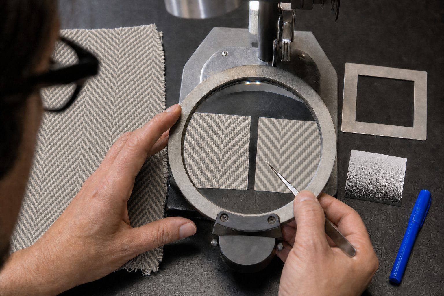 Textile technician compares herringbone swatch prints beneath a large magnifier beside the original fabric