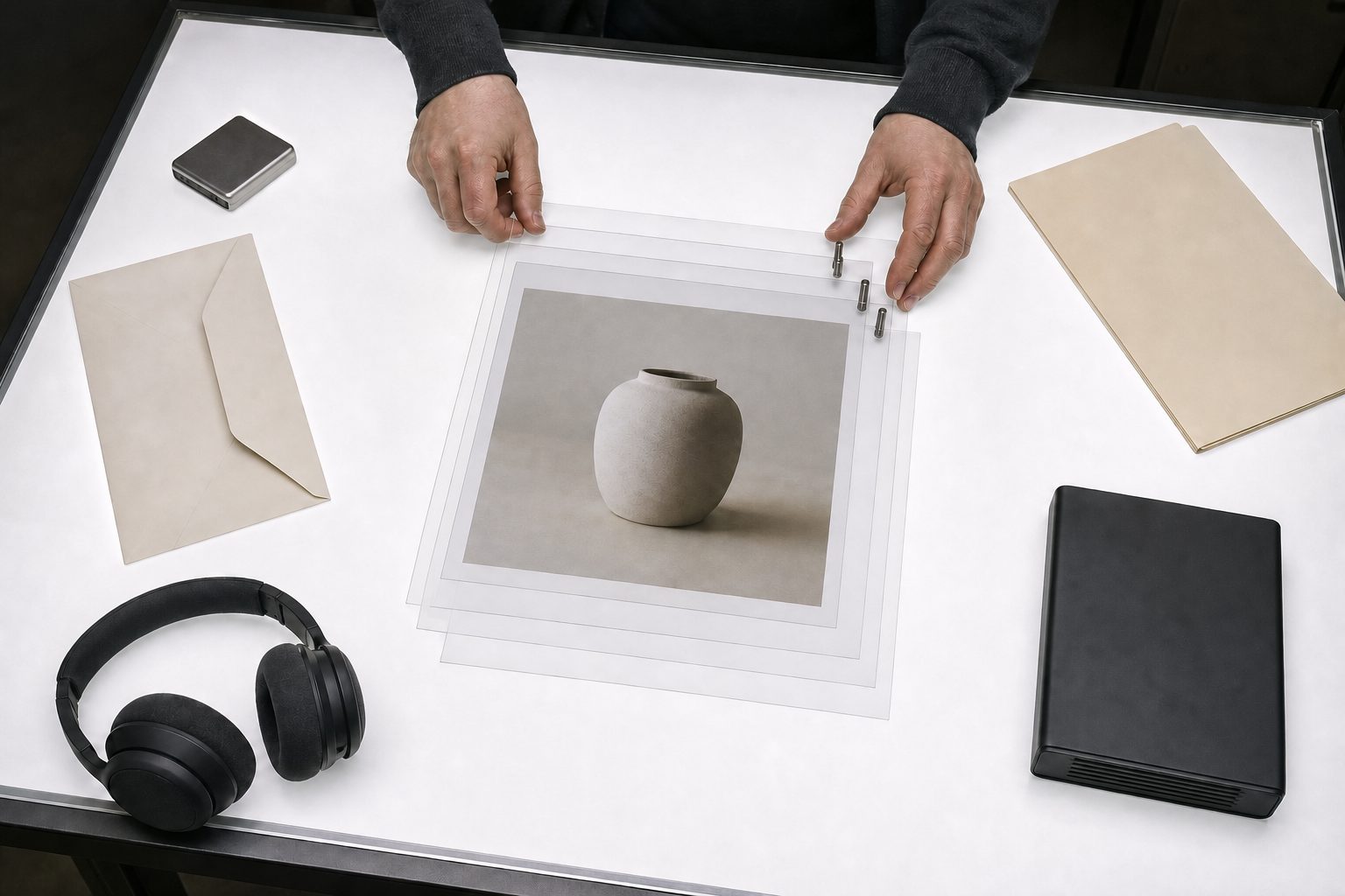 Hands align transparent layers over a vase print on a light table beside headphones, external drives, and a folder