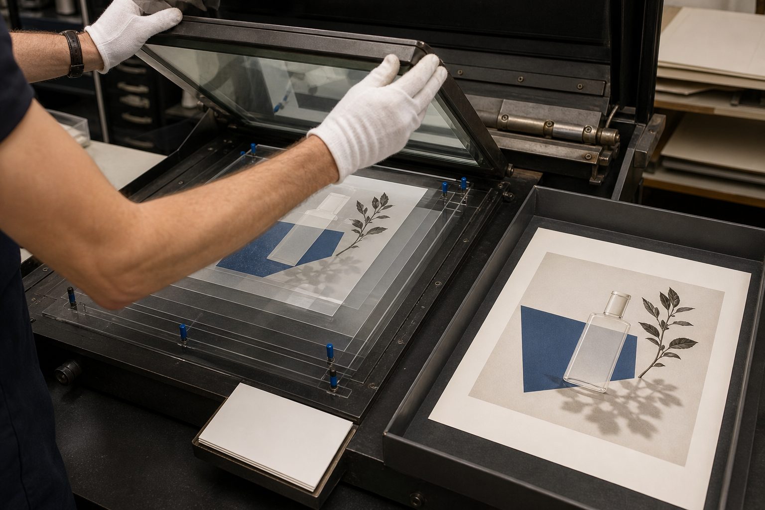 Gloved print technician lifts a glass platen above layered botanical and bottle transparencies beside the finished print