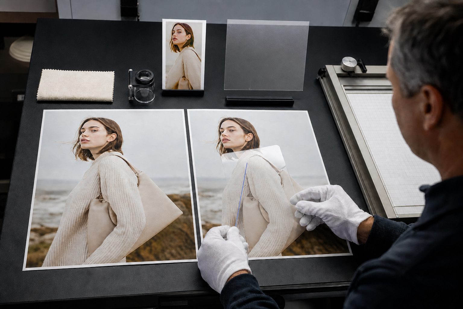 Gloved technician compares two large fashion prints using a transparent overlay beside a fabric swatch and loupe