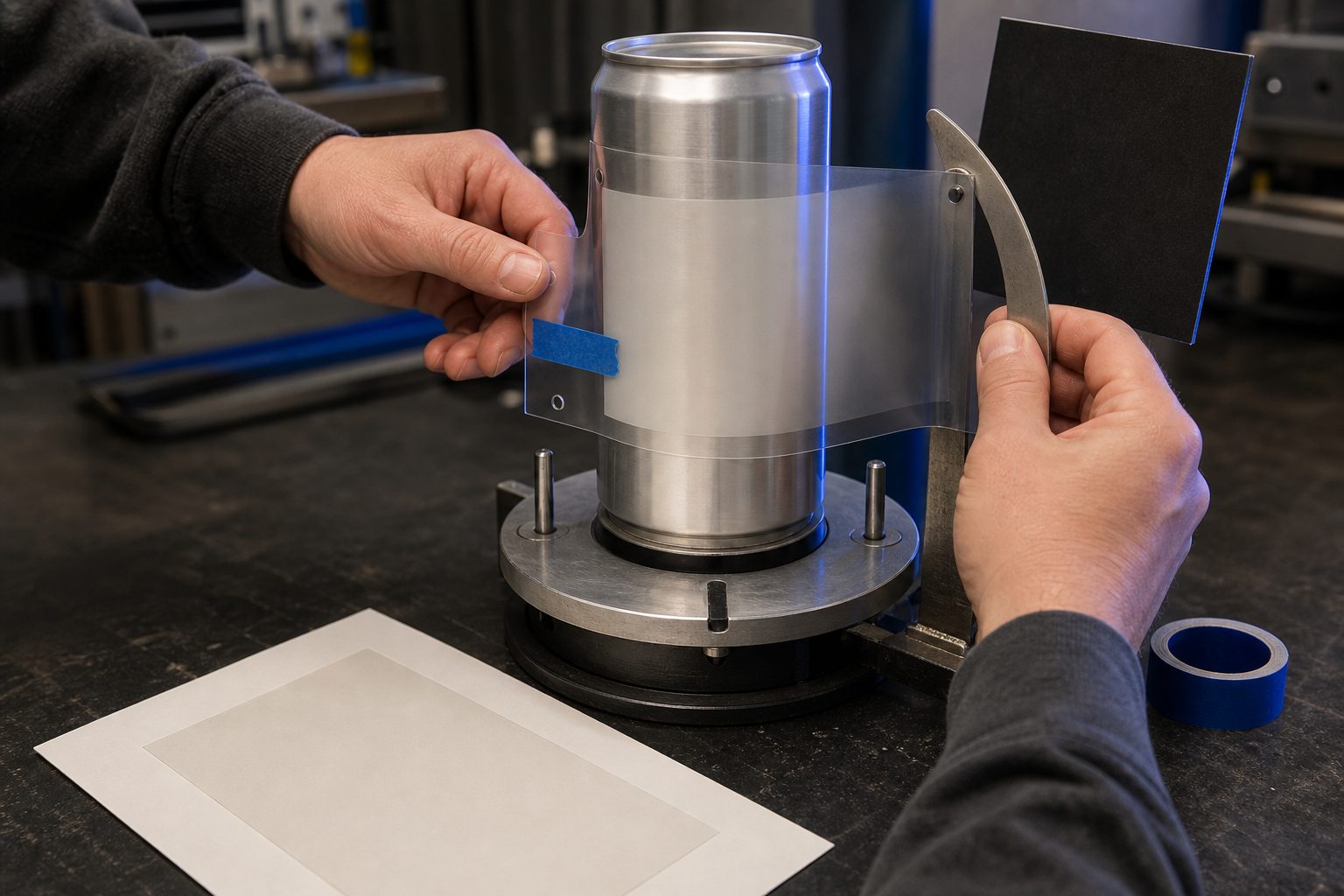 Hands wrap a clear label-positioning sheet around an unlabeled silver can held in a metal jig