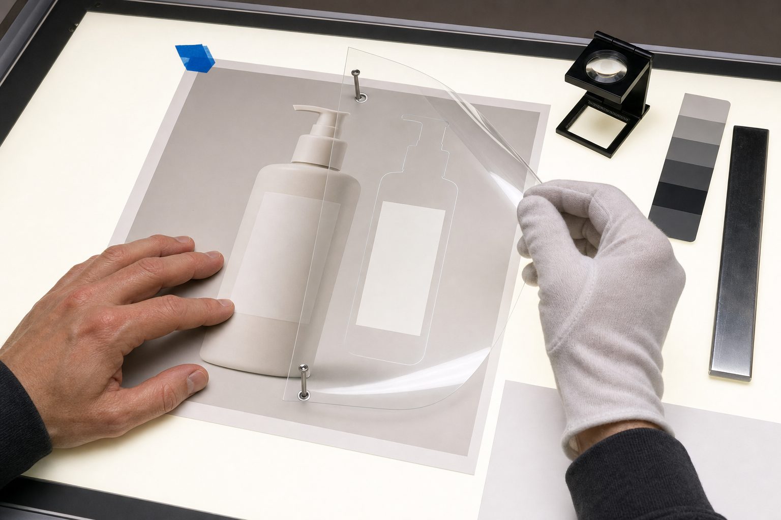Gloved hand aligning a clear bottle-outline overlay over a printed pump-bottle photograph on a light table