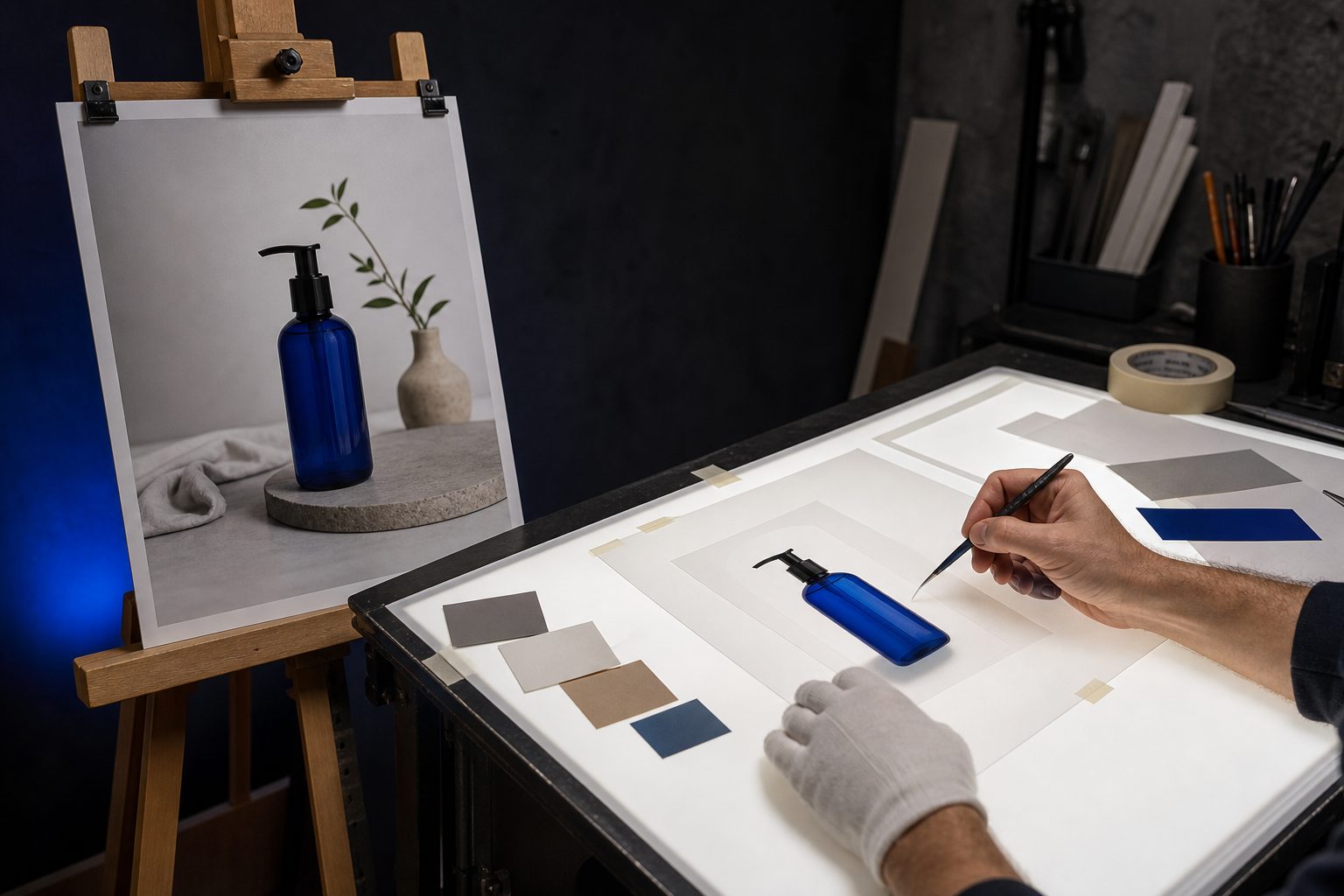 Person works over an isolated blue pump-bottle print on a light table beside a finished product photograph on an easel