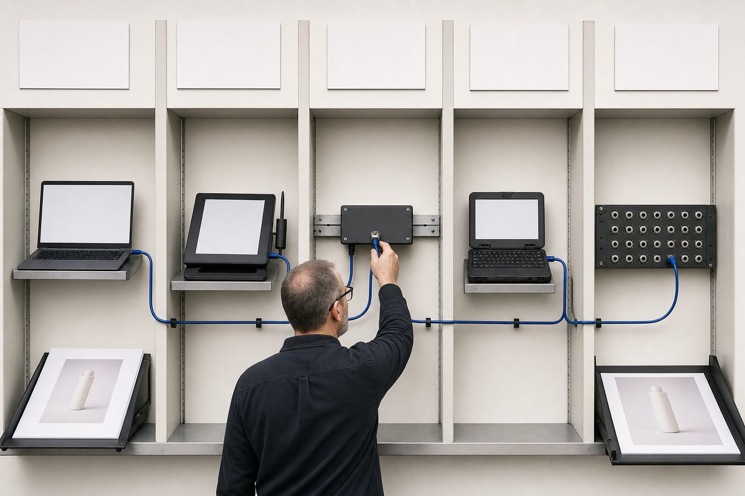 Technician connects a blue cable between several blank-screen workstations above two product print trays