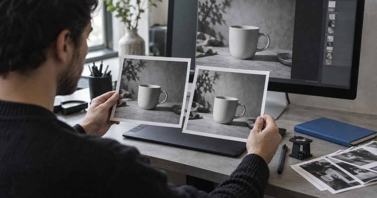 Designer holds two printed proofs of the same coffee cup scene side by side in front of a monitor showing that scene in an editing workspace