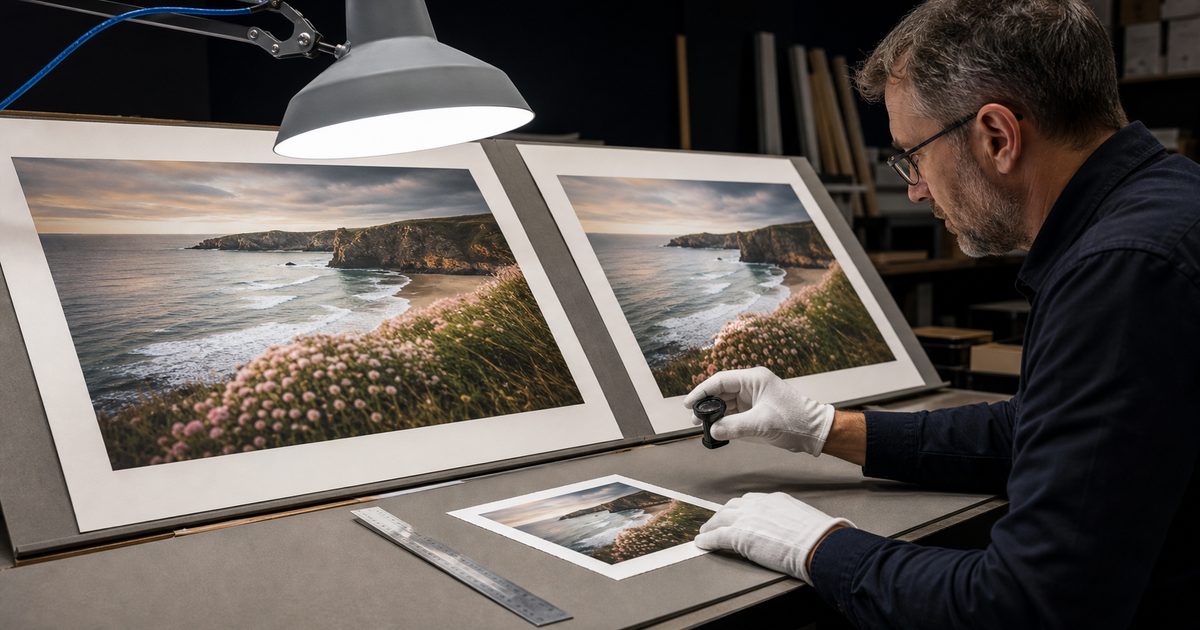 Print technician compares two large coastal landscape proofs with a loupe under a studio lamp