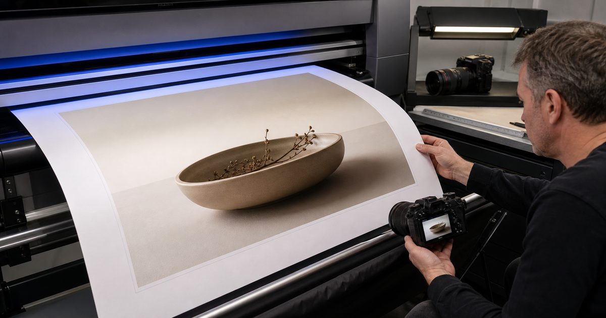 Man compares a large printer output of a ceramic bowl with the photograph shown on a digital camera