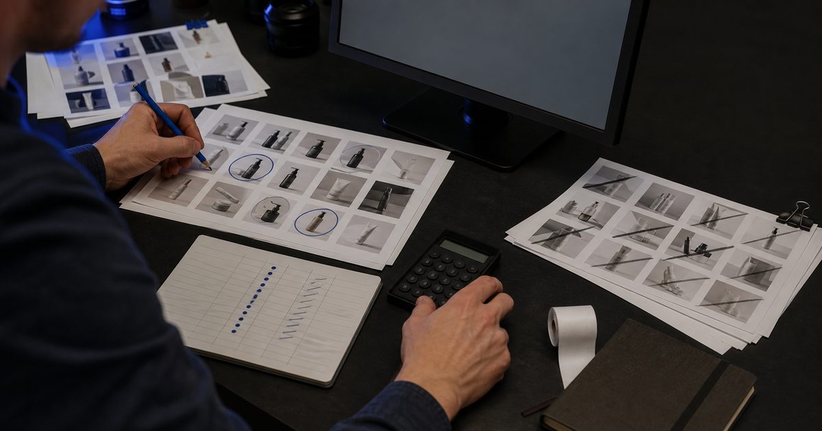 Person reviewing printed product-image contact sheets with a calculator and handwritten tally