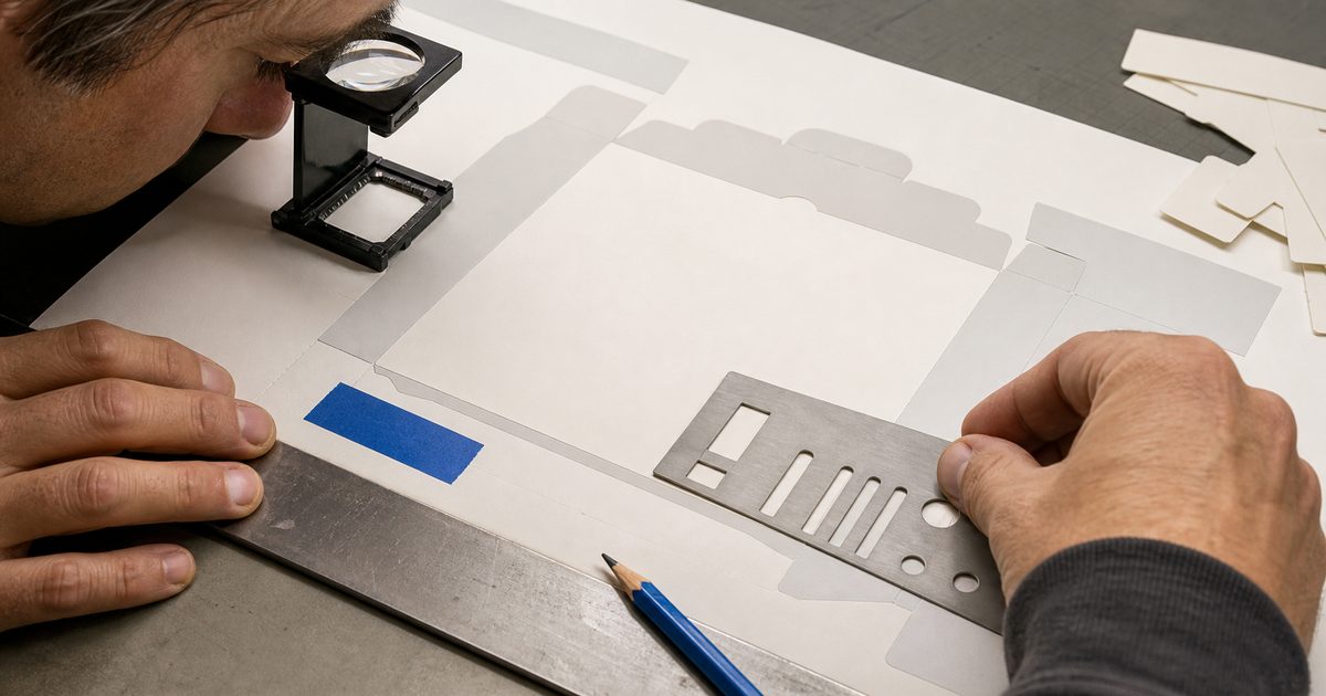 Person inspecting a blank packaging dieline with a folding magnifier, metal template, straightedge, and blue pencil