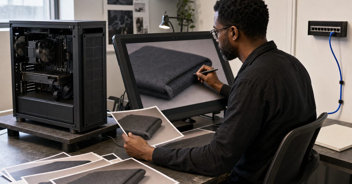 Retoucher edits a folded fabric image on a pen display beside an open desktop tower, printed proofs, and a network cable
