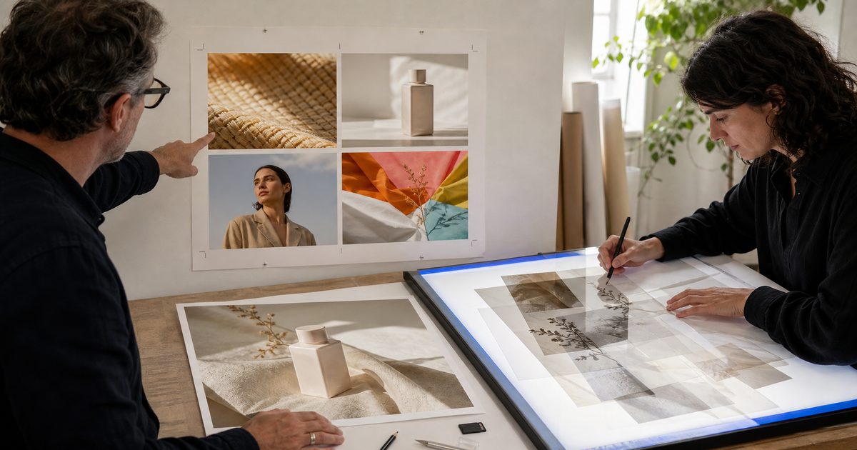 Two creatives review a four-image concept board, a product print, and layered transparencies on a light table