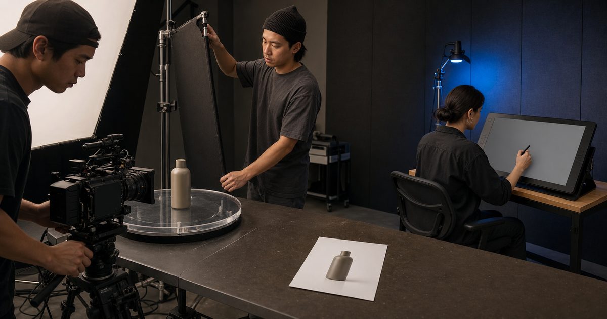 Camera crew films a plain bottle on a clear turntable while a person works at a pen display nearby