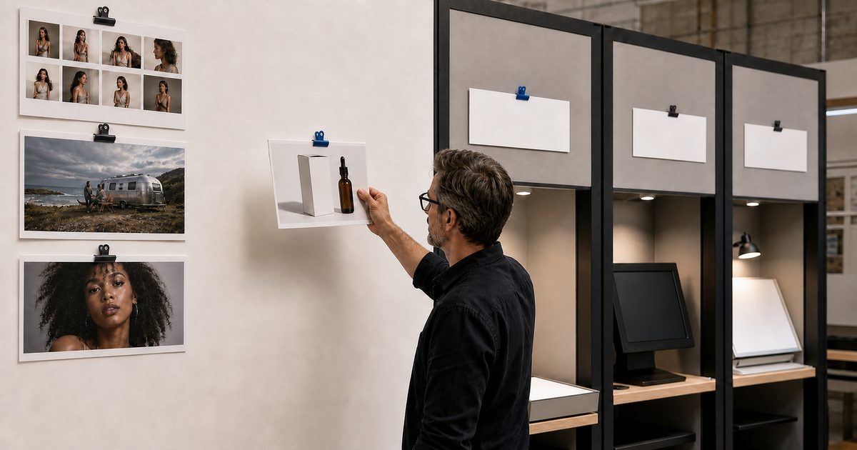 Reviewer holds a product bottle print beside portrait and travel photographs and three empty review stations