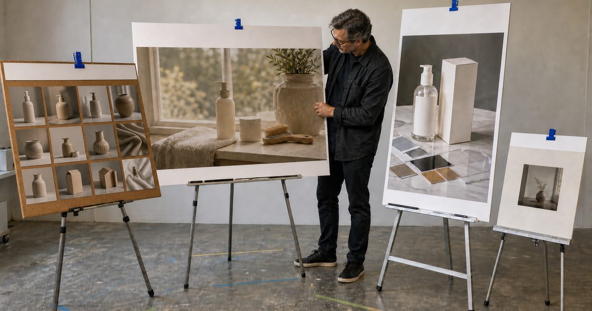 Reviewer stands between four boards showing a product contact sheet and product photographs at different scales