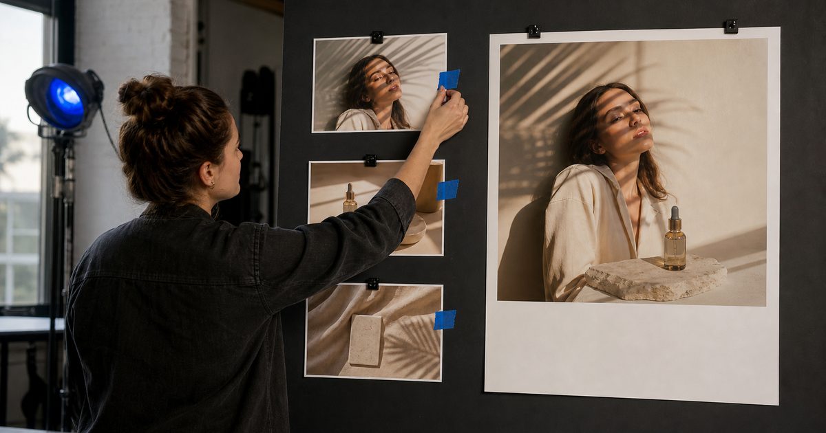 Woman tapes portrait and dropper-bottle photographs to a black display board beside a larger matching print
