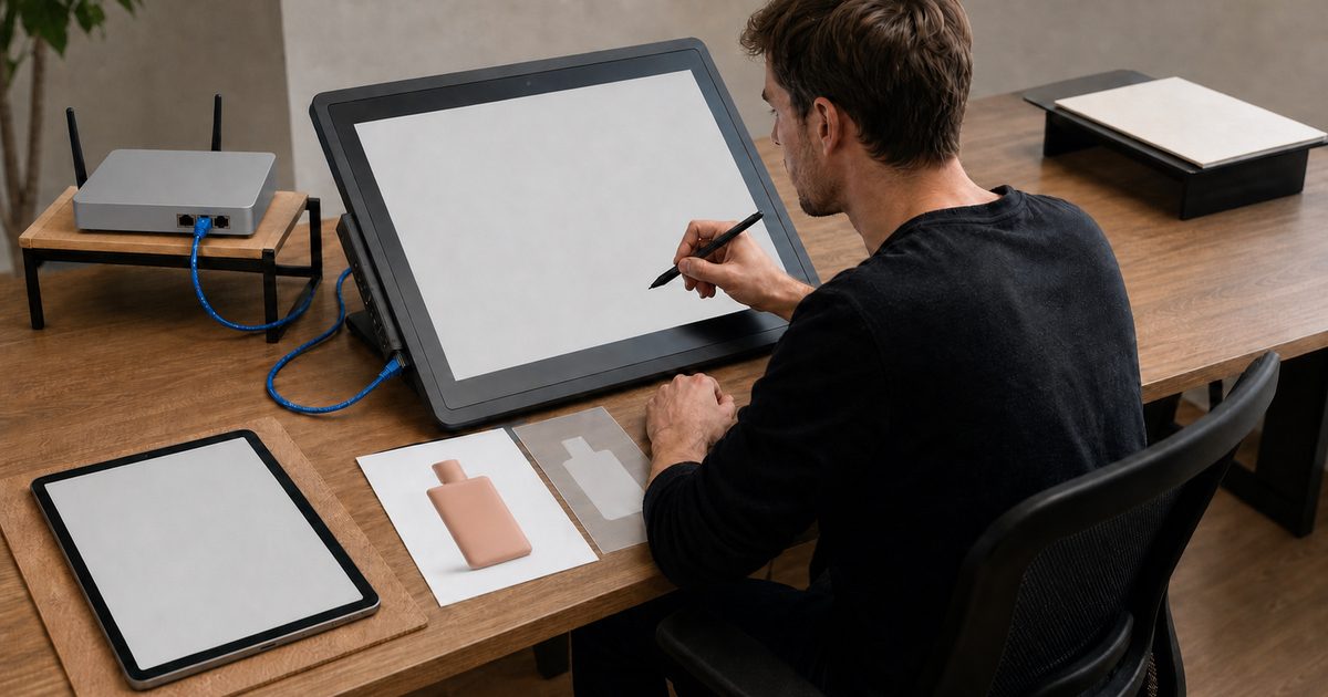 Designer works at a pen display connected to a network box beside product reference prints and a tablet
