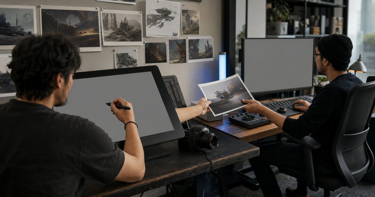 Two people pass a printed scene between a pen display and desktop workstation with concept art pinned behind them