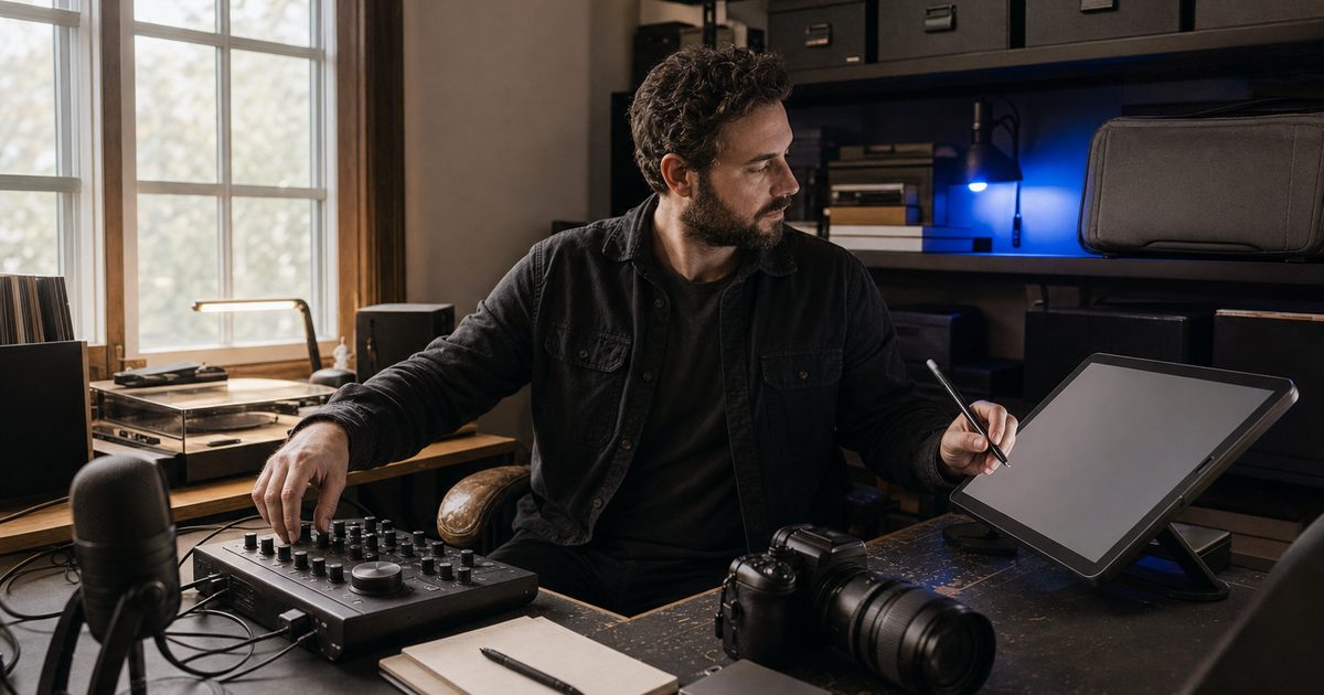 Creator works between a microphone, audio controller, camera, pen display, and record player in a home studio