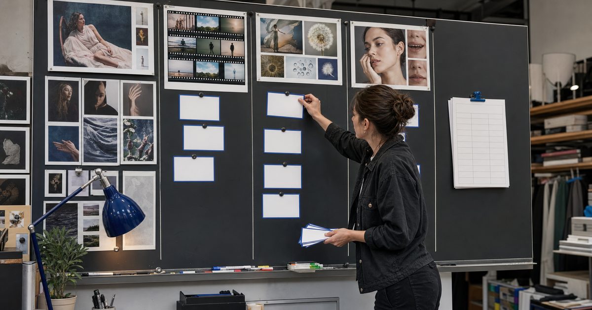 Woman arranging blank blue-bordered cards beneath portrait and nature reference prints on a black planning board