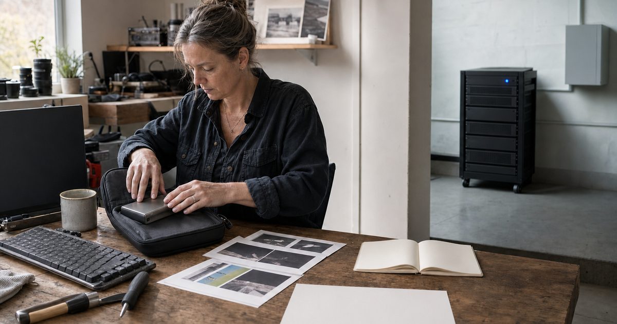 Photographer packs an external drive into a case beside printed contact sheets, a keyboard, notebook, and storage rack