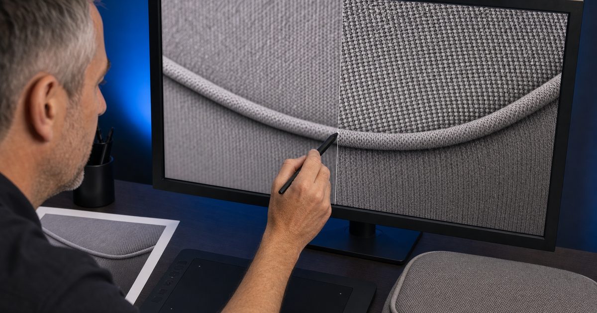 Retoucher compares two magnified fabric views on a monitor with a stylus beside the photographed textile