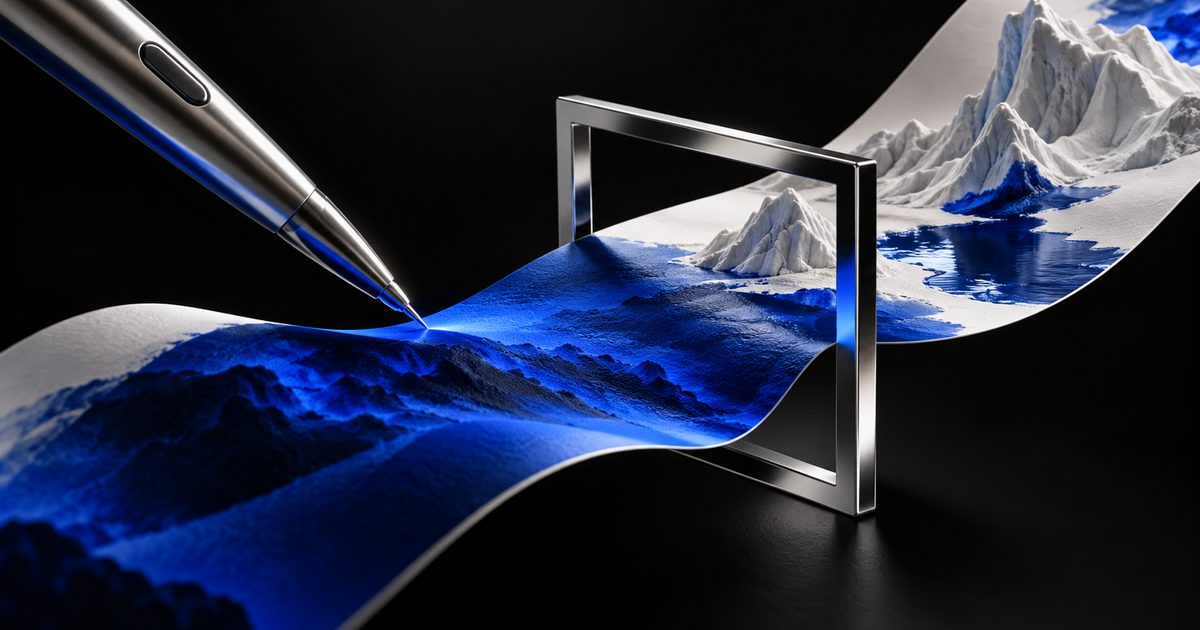 A silver stylus creating a sculptural landscape on a cobalt paper ribbon through an image frame