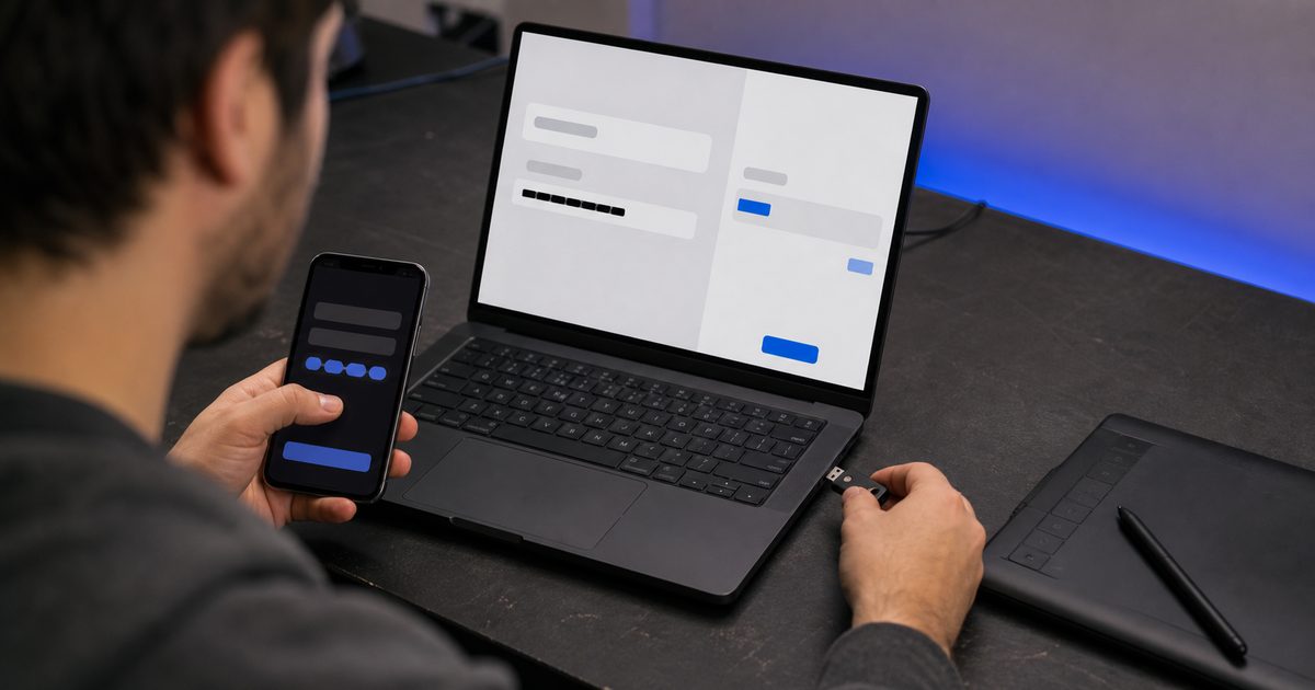 Person holding a phone and USB security key beside a laptop with a masked credential field