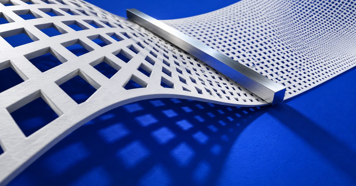 A white perforated lattice changing from coarse to fine apertures over a cobalt surface