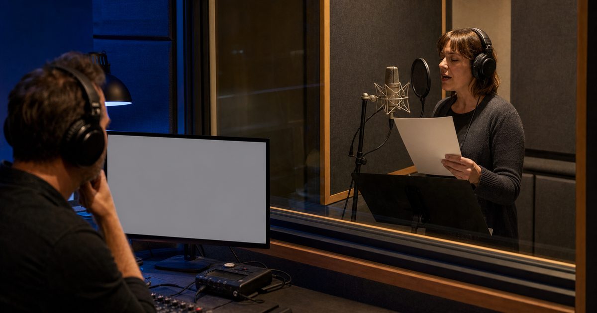 Voice actor reading from a page at a studio microphone while a listener monitors from the control room