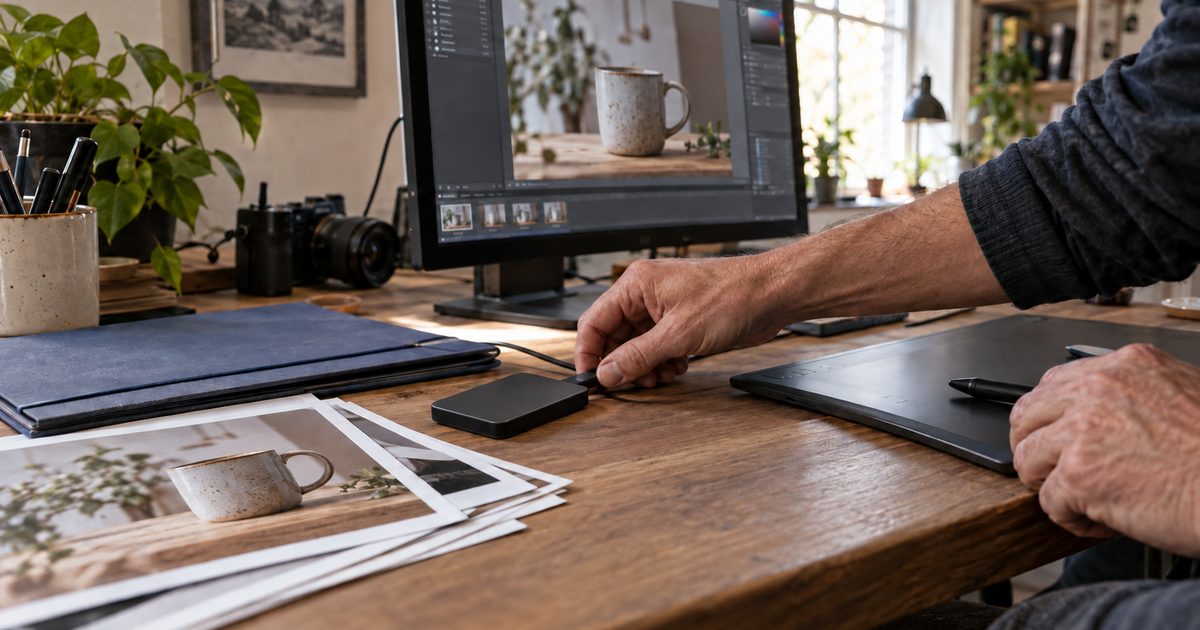 A designer connects an external drive beside a drawing tablet, product-photo proofs, and a matching photo-editing document on the monitor.