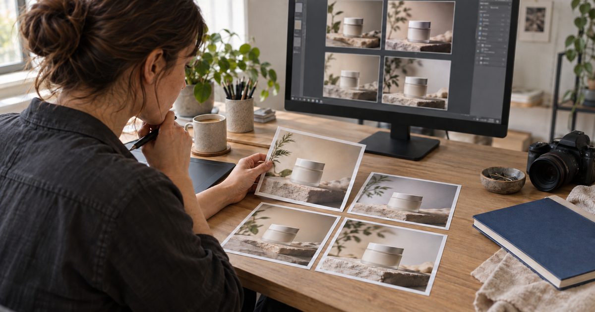 A retoucher studies four printed variations of a white skincare jar beside a pen tablet, with the same comparison grid visible on the monitor.