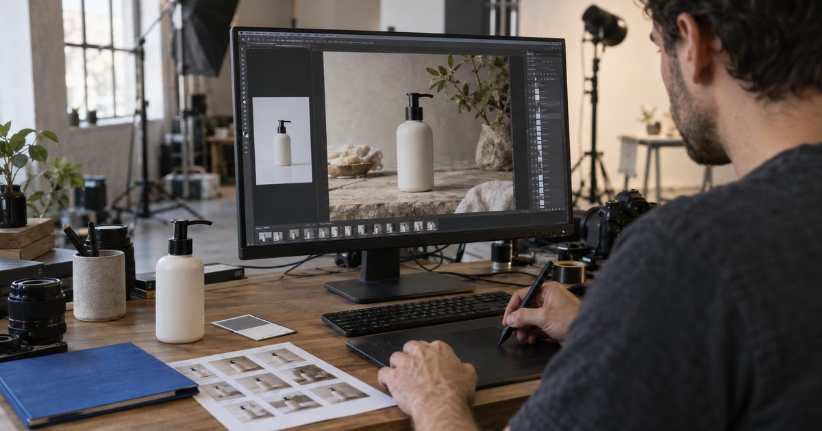 A designer uses a pen tablet to edit a pump-bottle photograph beside a matching bottle and printed image variations.