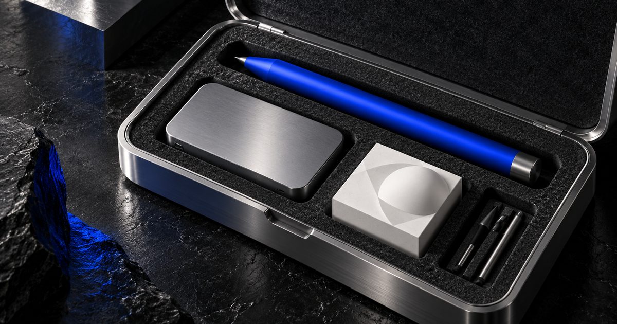 A cobalt stylus and silver creative tools inside an open felt-lined aluminum case