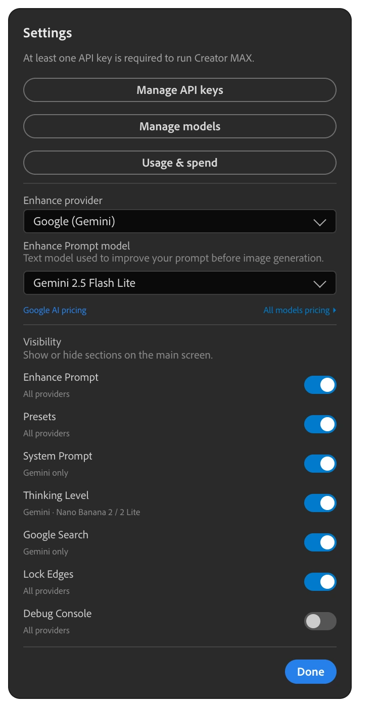 Visibility toggles — Creator MAX panel